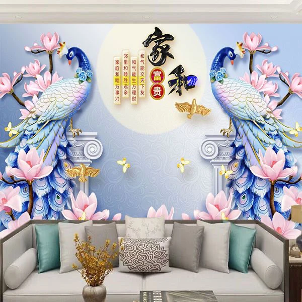 自粘墙纸墙贴画孔雀中国风电视沙发背景墙装饰画贴画卧室墙贴纸