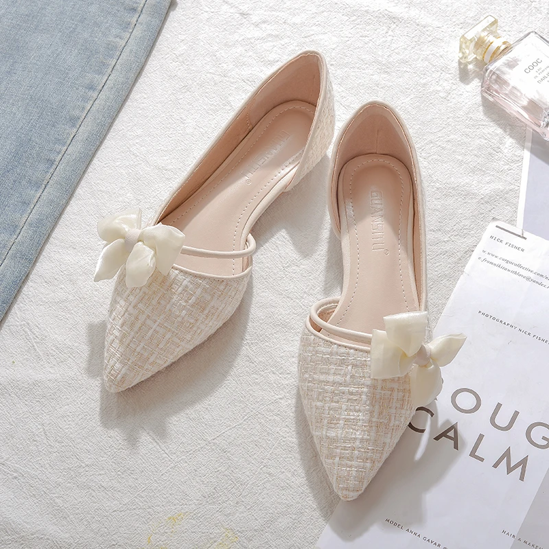 小香风平底单鞋女2025夏季新款百搭晚晚风温柔鞋蝴蝶结豆豆鞋瓢鞋