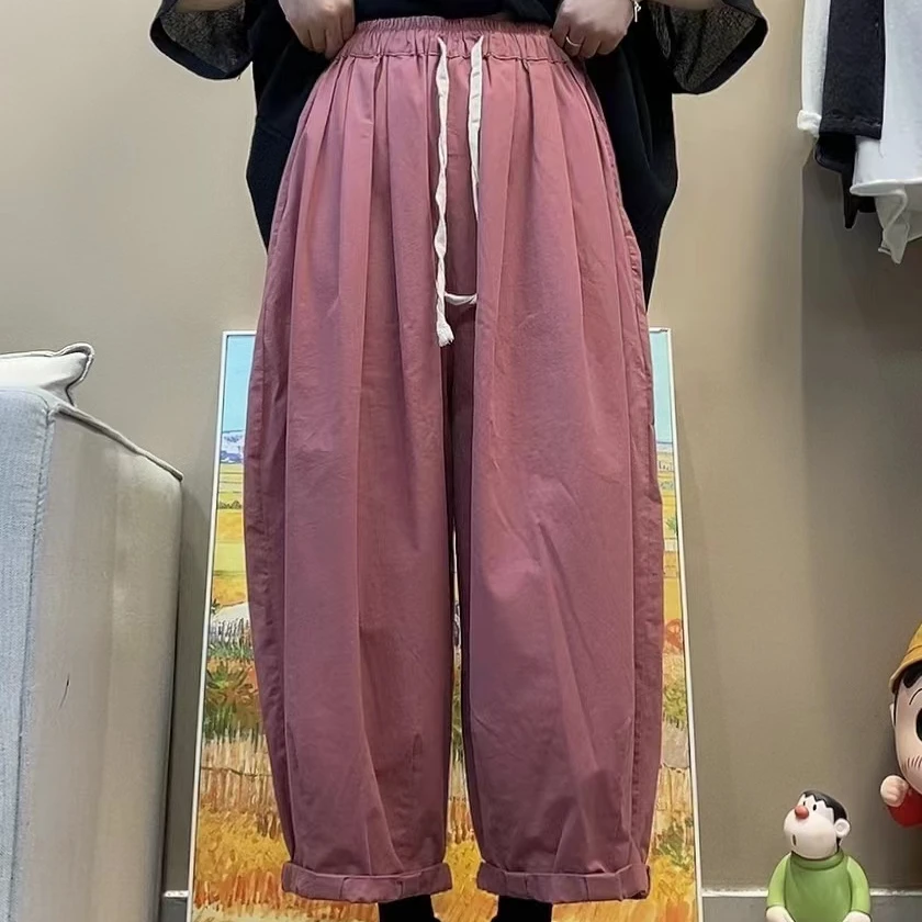 斜纹棉腮红粉老爹裤女宽松