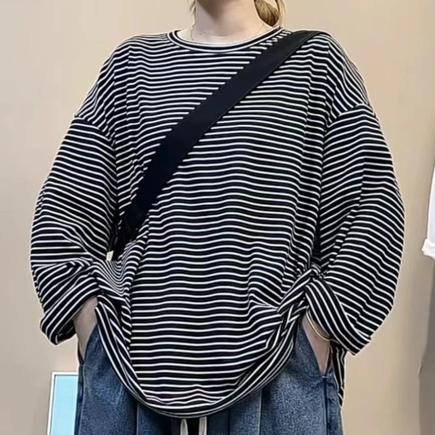 厚款双面绒条纹长袖上衣女宽松