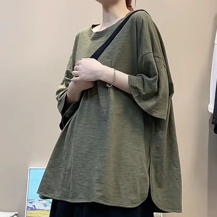 竹节棉开叉短袖T恤女宽松