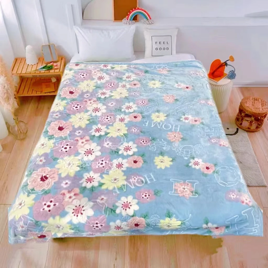 200*230 浅蓝色 春暖花开 双层双面多功能睡毯绒毛毯被子空调毯