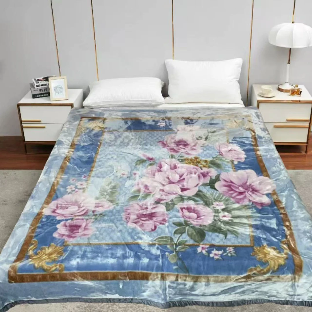 200*230cm 蓝色粉紫牡丹国色  金边双层 午睡毯多功能加厚绒毛毯