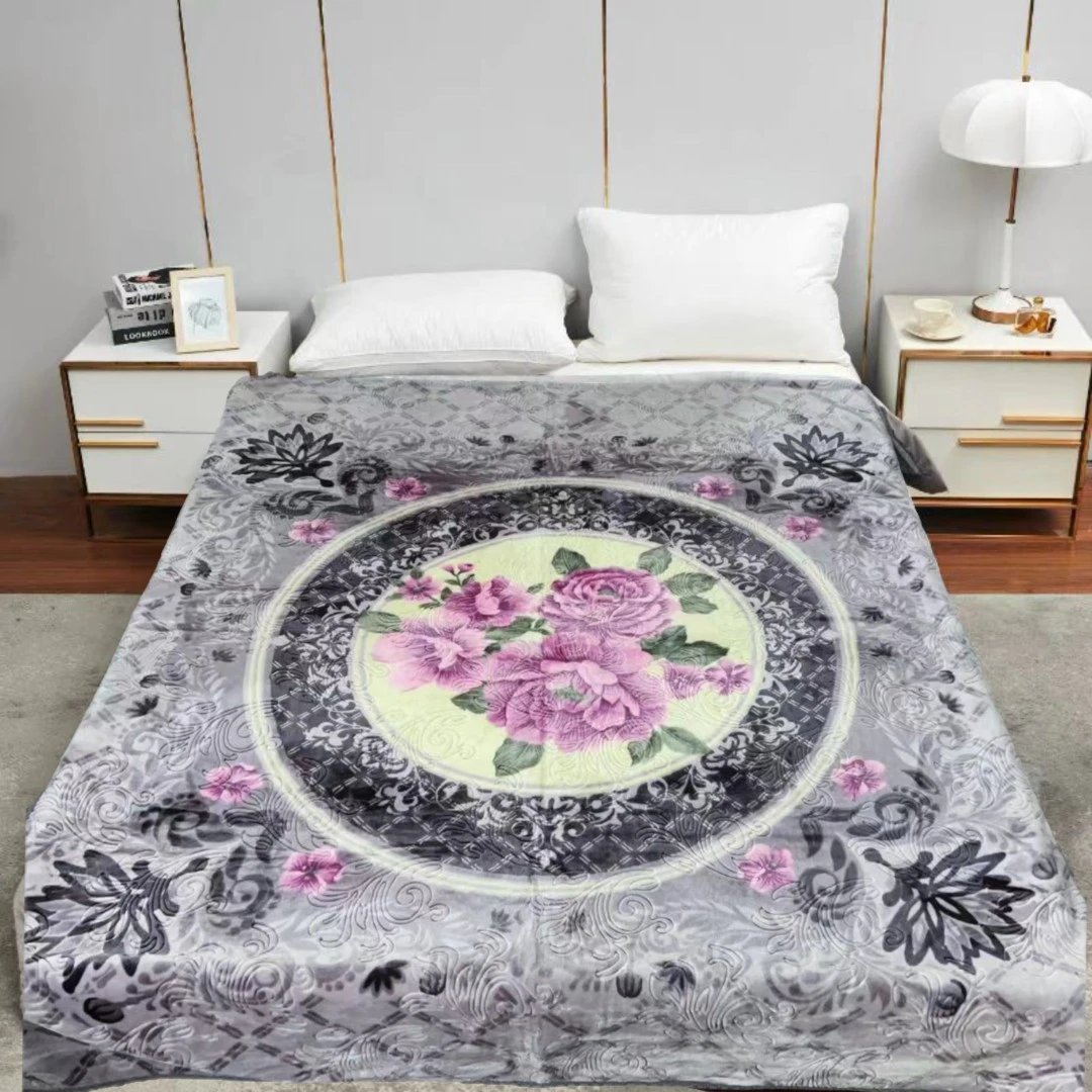 200*230cm 灰色环形紫花 单层双面 午睡毯卧室加厚绒毛毯
