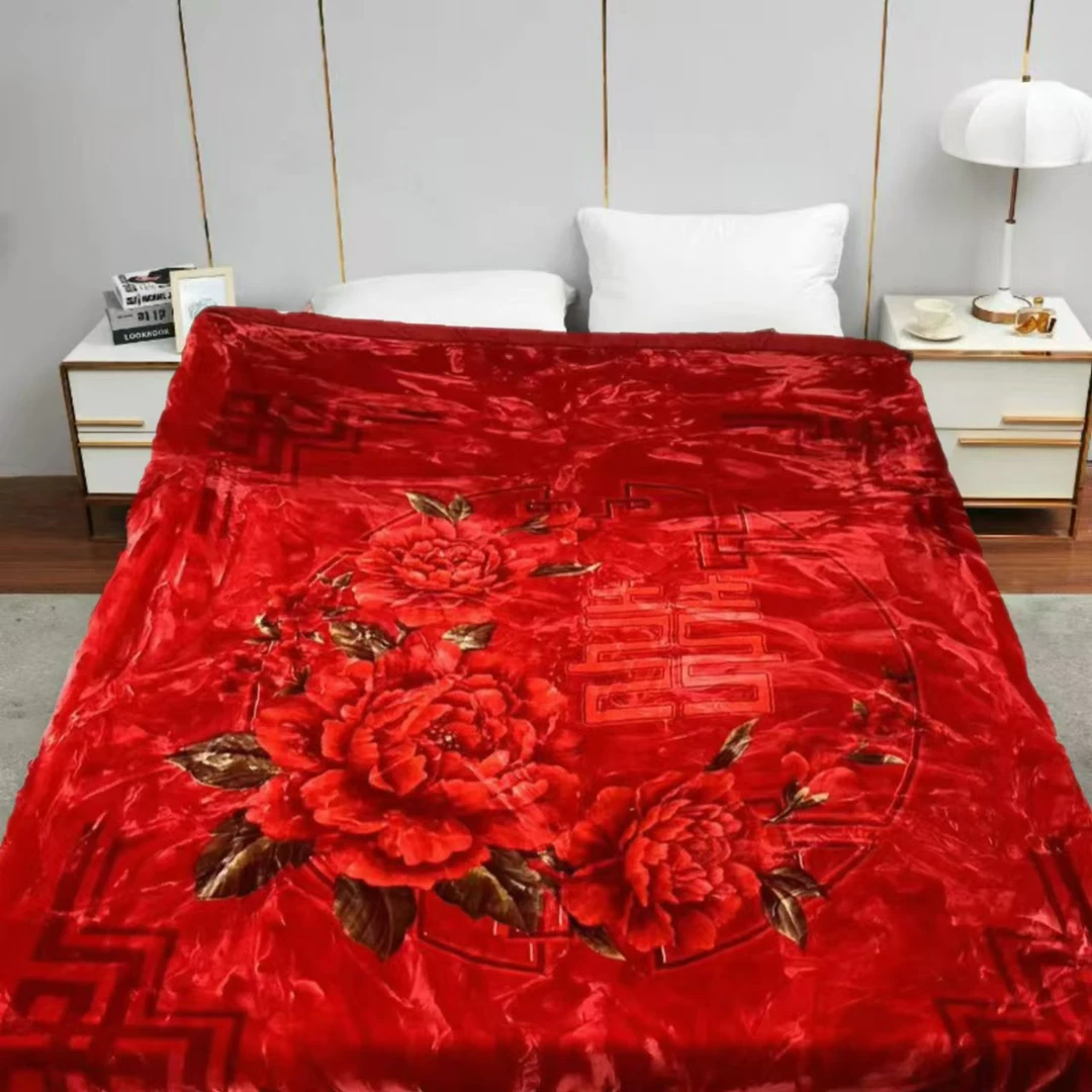 200*230cm 红色牡丹双喜 双层 午睡毯多功能卧室加厚绒毛毯