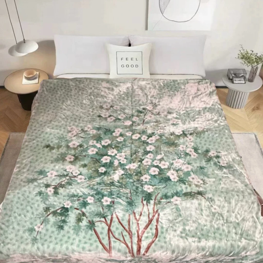 200*230cm  绿色樱花树  双层 午睡毯多功能卧室加厚绒毛毯