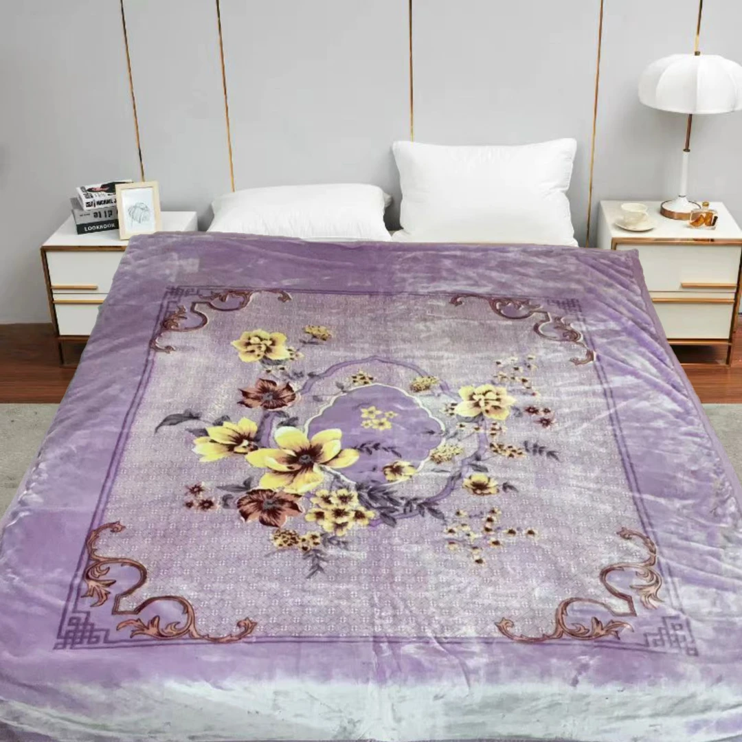 200*230m 紫色黄花 被套 双层秋冬必备保暖舒适绒超柔毛毯