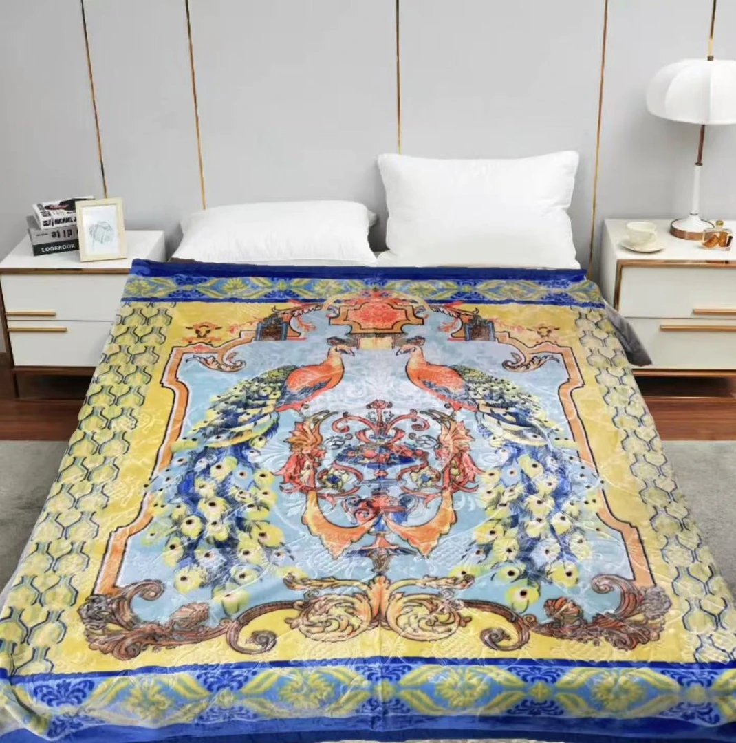 200*230cm 蓝色孔雀 双层 午睡毯多功能卧室加厚绒毛毯
