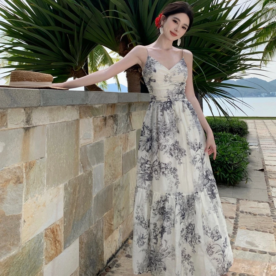 无袖吊带连衣裙女夏季新款设计感水墨画收腰显瘦长裙