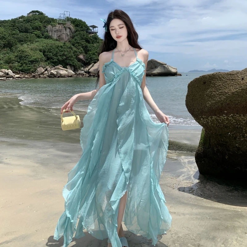 蓝绿烫金度假风吊带连衣裙 海边拍照精致仙女沙滩长裙ZC60