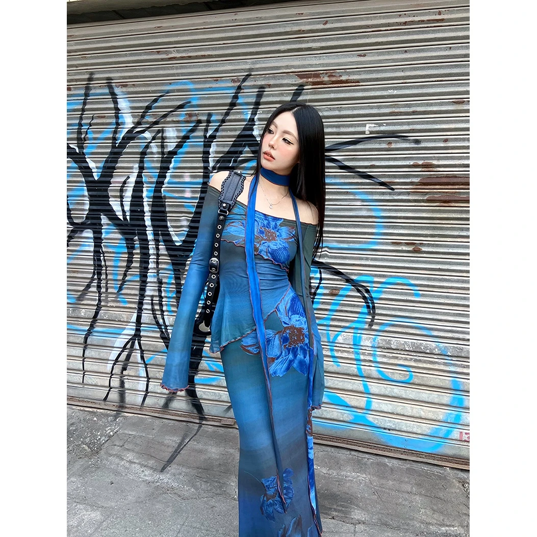 秋冬新中式印花网纱两穿修身长连衣裙ZC60