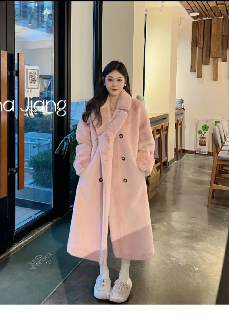 网红爆款皮毛一体外套女毛毛西装领气质贵妇高级毛毛大衣长款