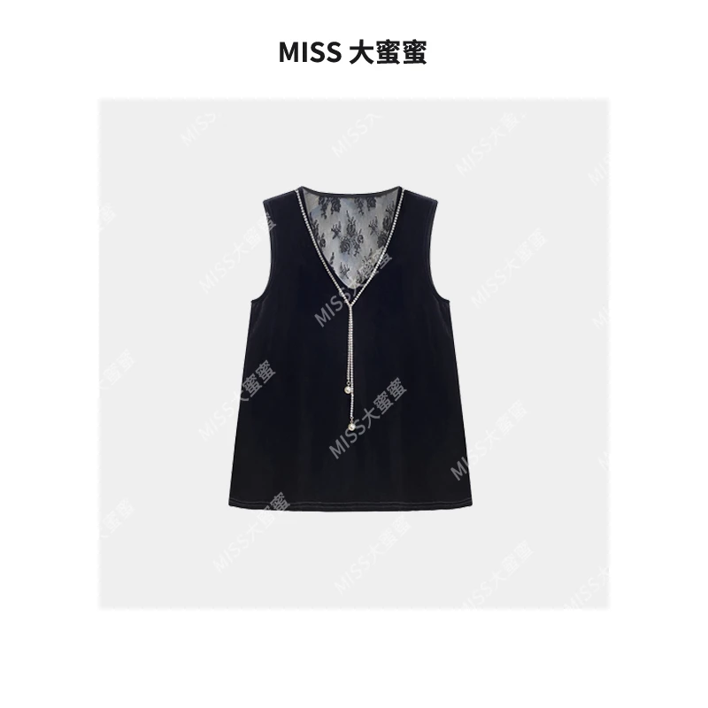 【蜜蜜私定】2176#CSIN丝绒百搭无袖蕾丝黑色背心2023新款女V领上衣