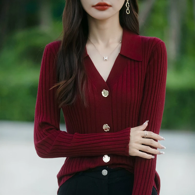 翻领红色针织开衫2025春秋新款修身显瘦打底衫短款长袖内搭上衣女
