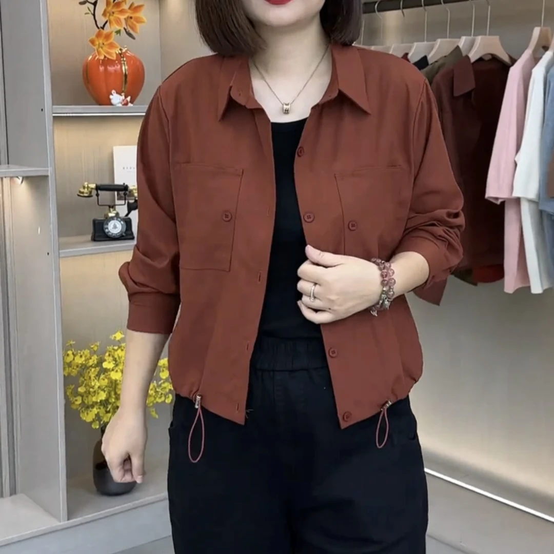 妈妈装秋季新款时尚洋气大口袋抽绳休闲衬衫外套