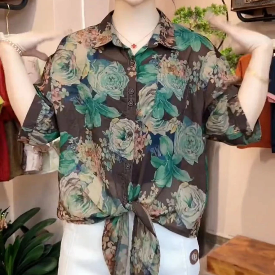 夏季洋气穿搭衬衫女气质翻领设计感系绳花色薄款遮肉防晒透气衬衣