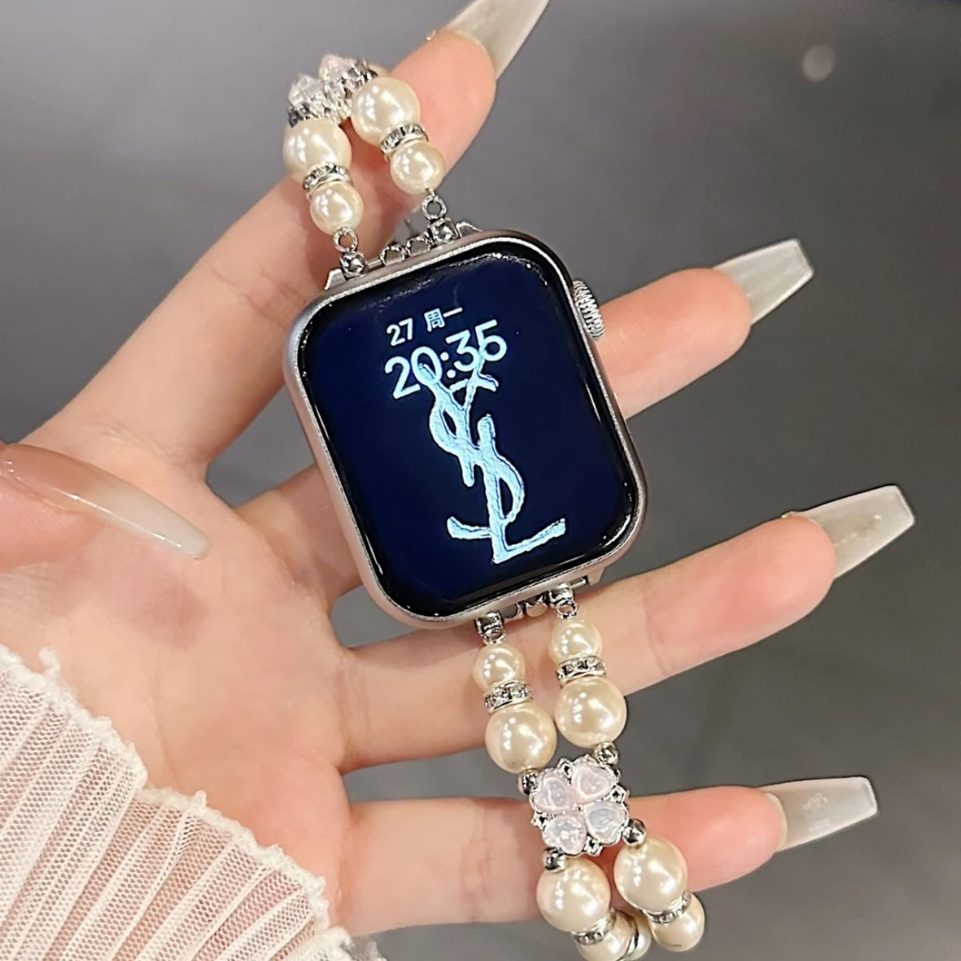 新款四叶草拼珍珠手表手链适用苹果iWatchs9/8/7表带456/se女生链