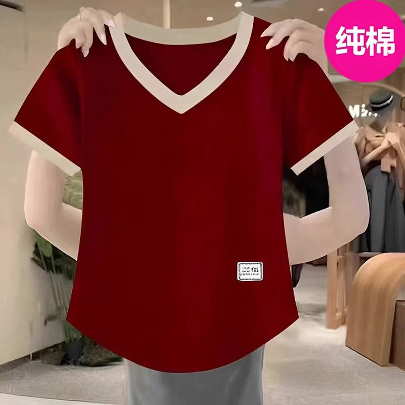 时尚洋气夏季新款中年纯棉v领短袖t恤女显瘦遮肚休闲减龄韩版上衣