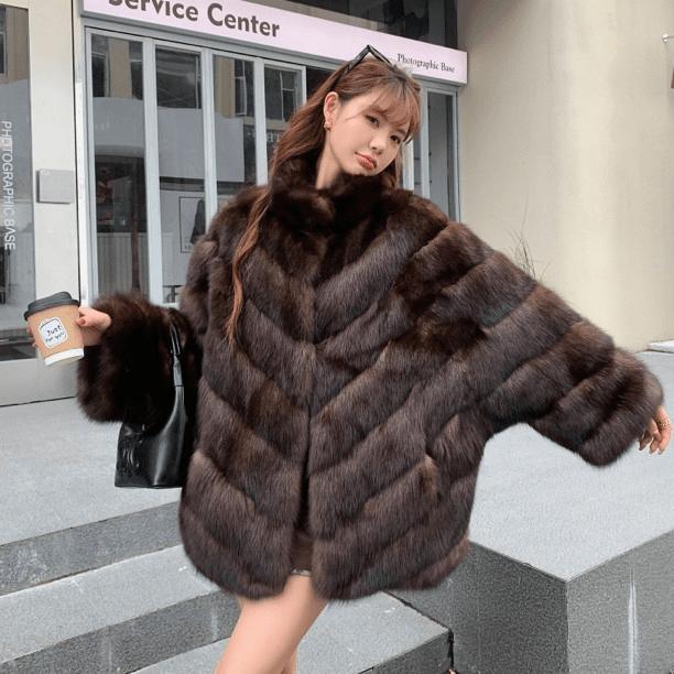 俄罗斯紫黑金貂皮草立领斗篷中长时尚洋气斜排显瘦俏皮女装外套