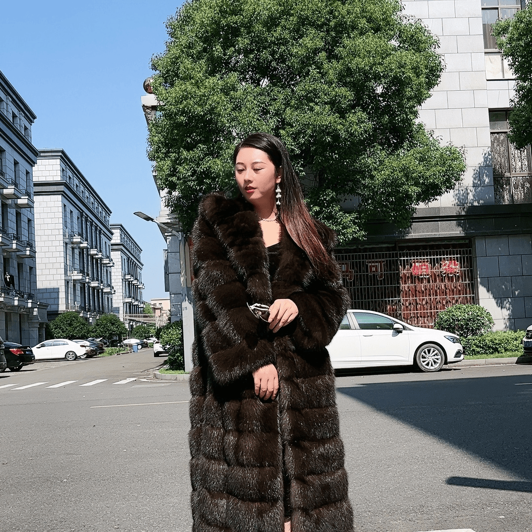 俄罗斯貂农夫黑金满天星1号色帽子大长款横排时尚皮草外套女装