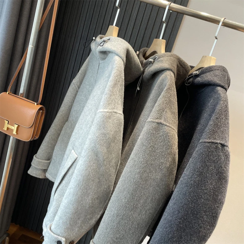 情侣款双面绒老钱风！双面手工大衣天丝羊毛连帽保暖短款毛呢外套