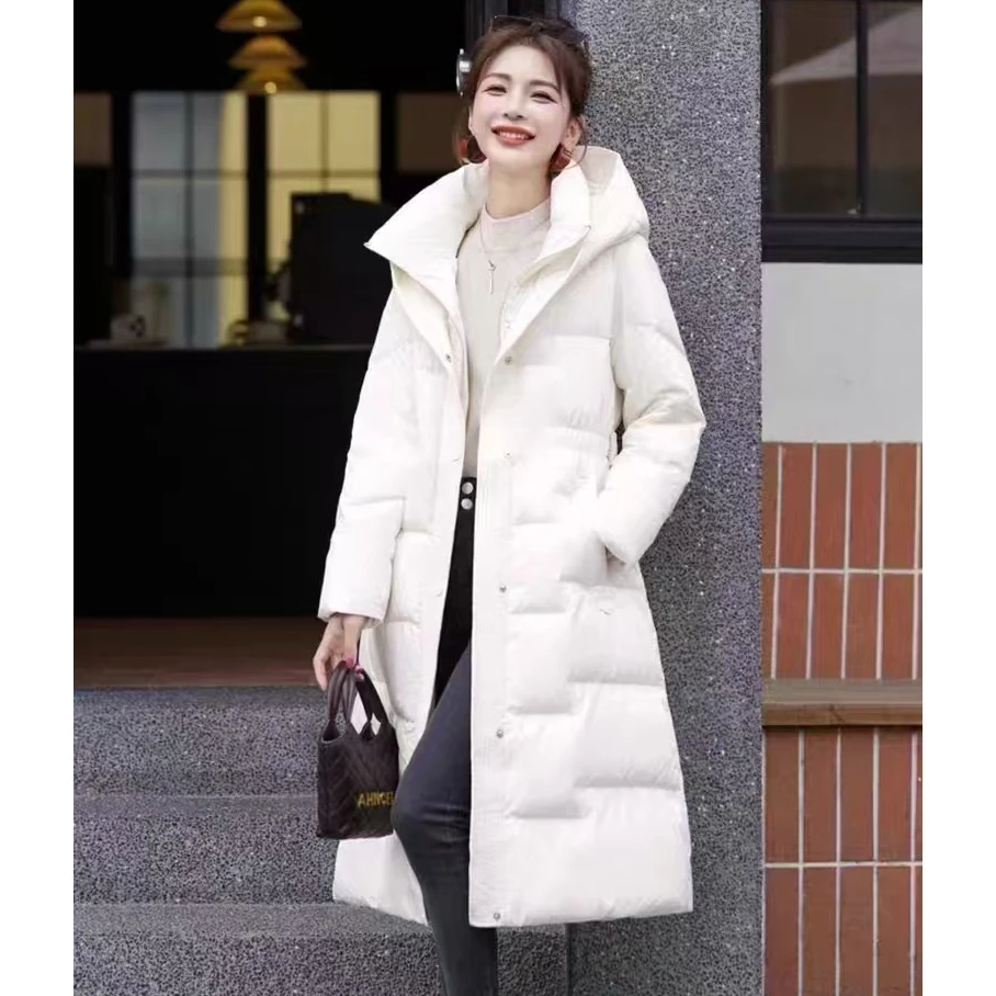 无印心匠50白鸭绒 连帽~纯色 过膝长款 时尚羽绒服 Y8606