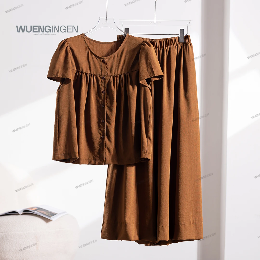 无印心匠圆领+排扣 上衣+阔腿裤 时尚套装 D15407