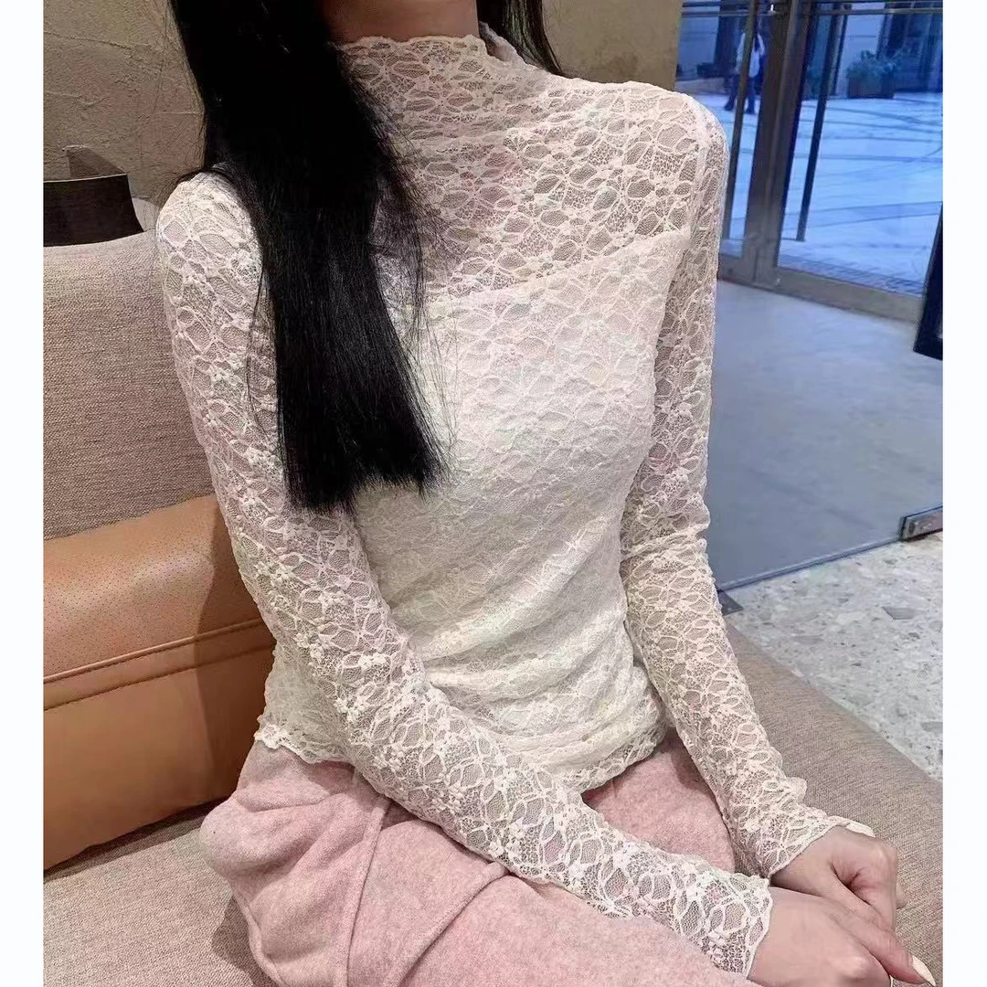 无印心匠半高领~蕾丝 高级感 镂空 时尚百搭上衣 A23612