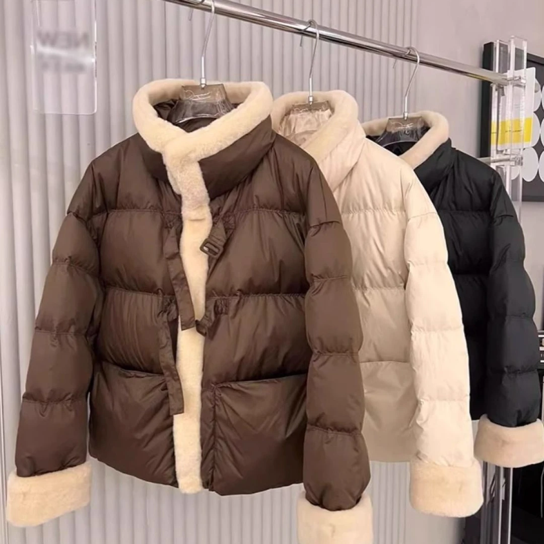 高级感毛毛绒拼接服女2023冬季新款宽松立领加厚面包服短外套时尚