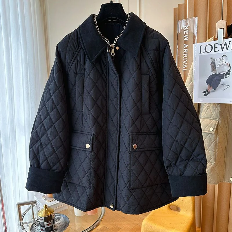 秋冬季大码设计感拼接黑色菱格棉服女宽松流行小香风外套厚款夹棉