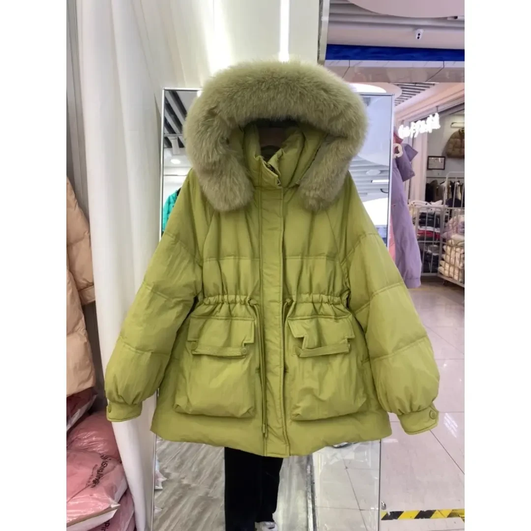 中长款大毛领连帽棉服女款冬季大码宽松收腰时髦设计感棉衣外套潮