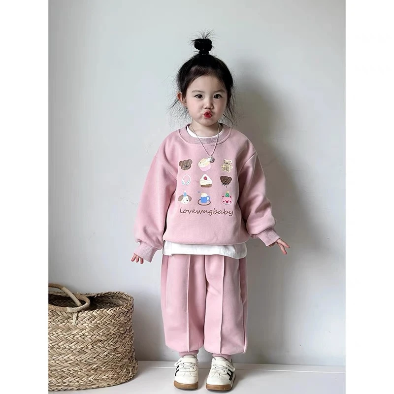 原创韩国童装女童套装2024秋季洋气女宝宝时尚卡通卫衣卫裤两件套