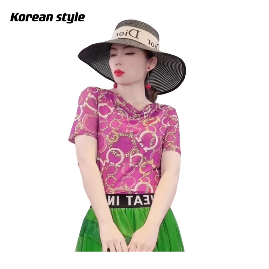 【korean style】2645A夏季新款时尚减龄一字肩百搭网纱印花小衫