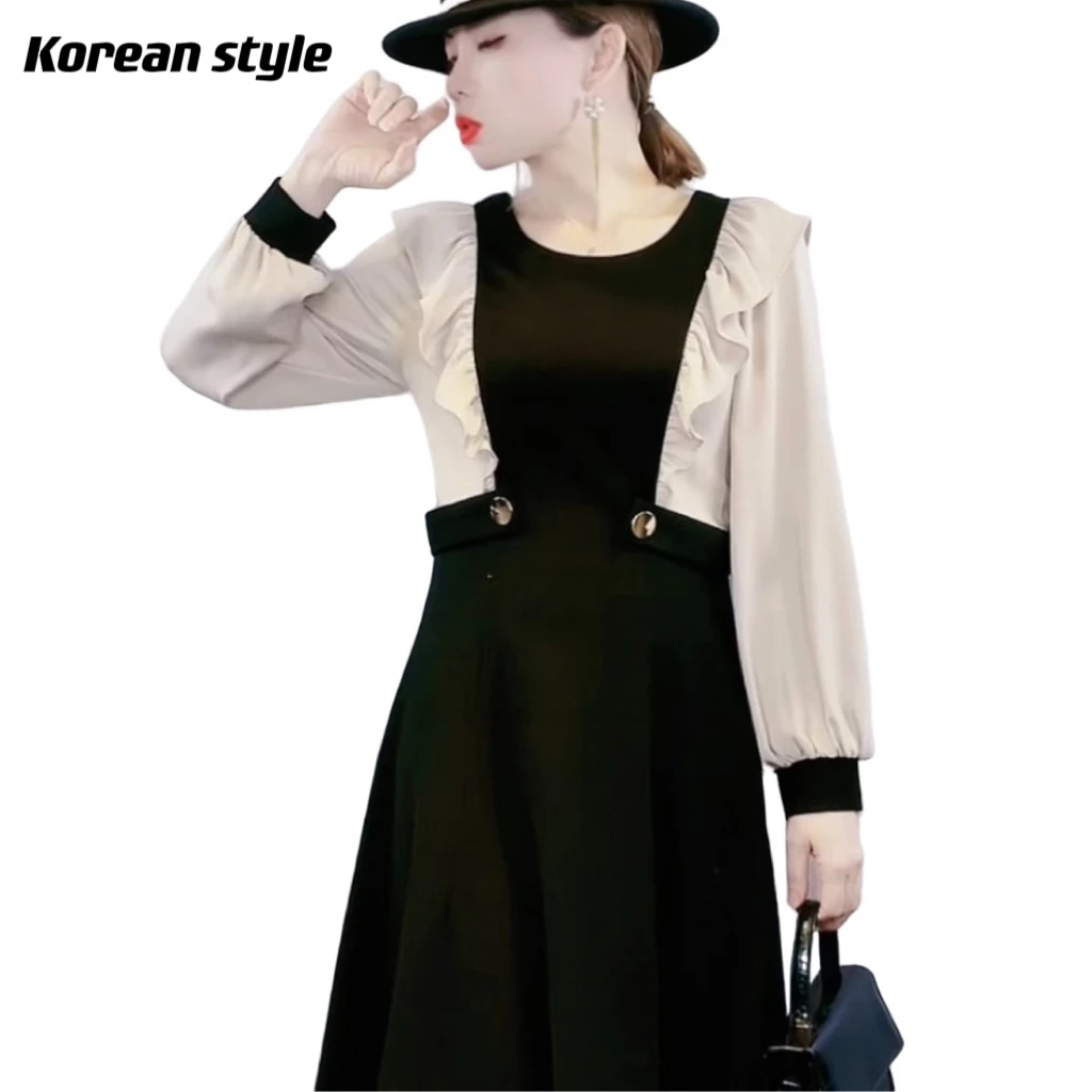 【正品断码清货】2305法式腰带设计气质洋气收腰拼接撞色长袖连衣裙