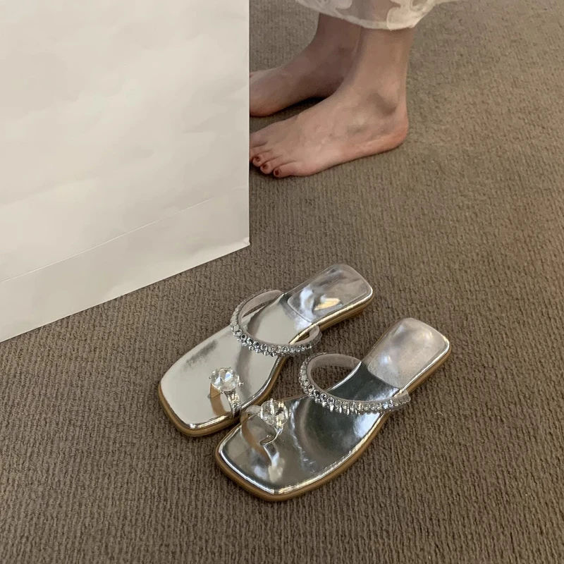 2025夏季新款外穿爆款气质银色凉鞋女鞋法式方头水钻套趾凉拖鞋