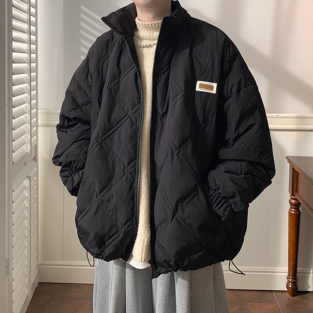 双线菱形格立领棉服外套男冬季新款宽松潮牌贴标棉衣美式复古棉袄