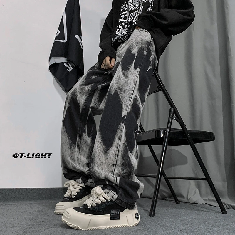 美式高街扎染牛仔裤男春秋宽松直筒裤潮牌休闲阔腿垂感微喇叭裤子