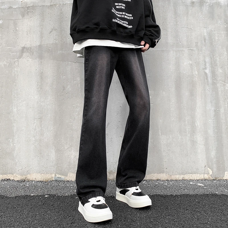 纯黑cleanfit水洗牛仔裤男春秋美式vibe高街潮牌大码修身直筒裤子