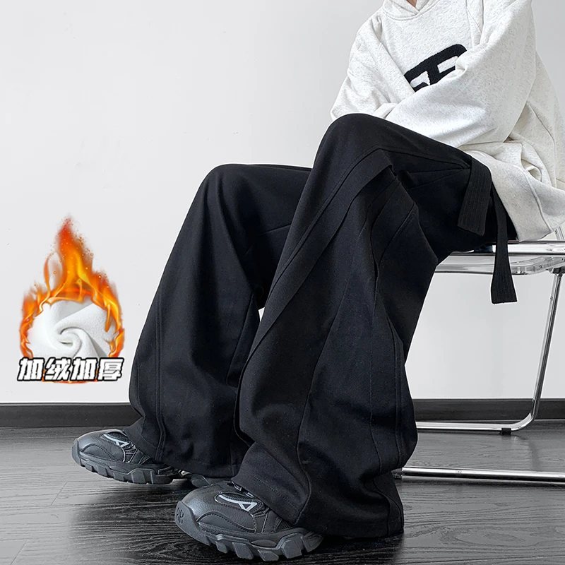 cleanfit重磅拖地休闲裤男秋冬加绒加厚潮牌大码宽松直筒阔腿裤子