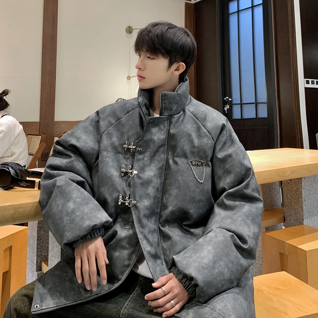 PU皮飞机扣棉衣棉服外套男冬季加厚面包服美式潮牌高级感大码棉袄