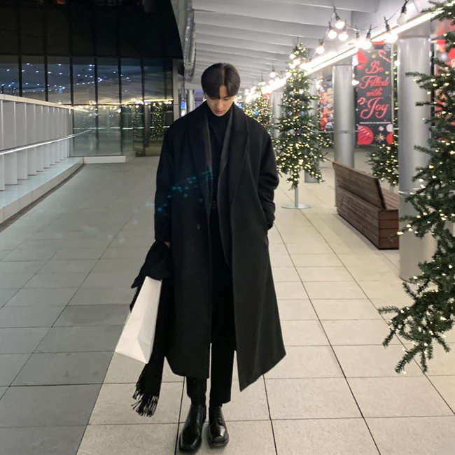 高级感风衣外套男秋冬过膝中长款英伦风毛呢大衣加厚潮牌宽松休闲