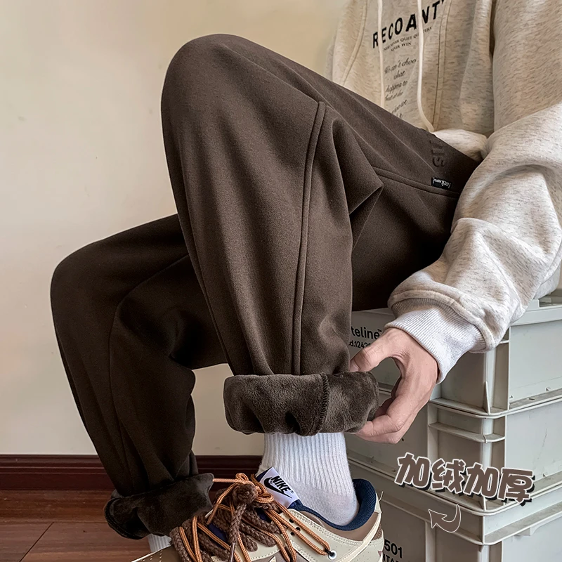 加绒加厚卫裤男秋冬季潮牌直筒运动束脚裤子美式复古宽松休闲长裤