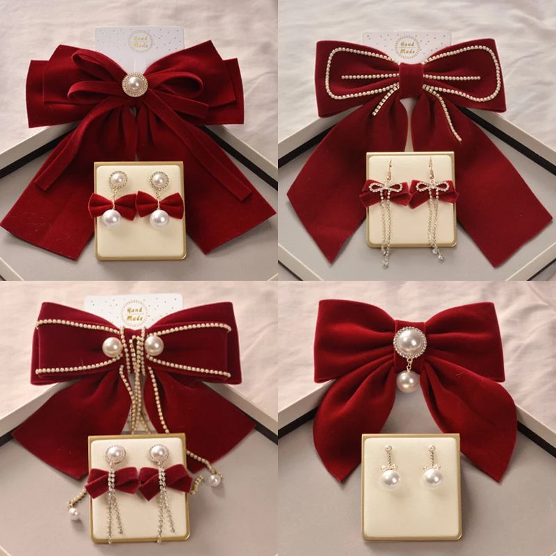 跨年新年红色丝绒蝴蝶结发饰耳环套装女发饰简单大气