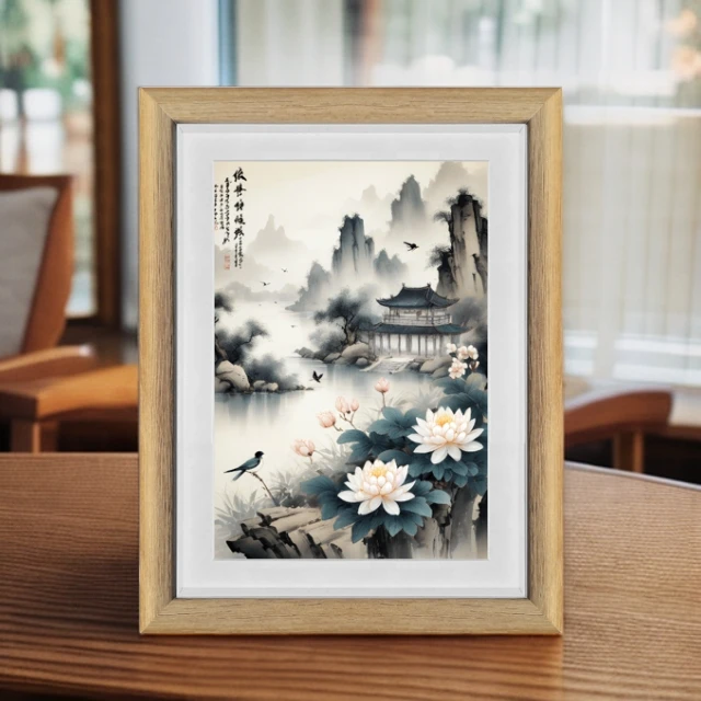花鸟山水画摆件水墨桌面文艺书法画框相框摆台相册框客厅木质感