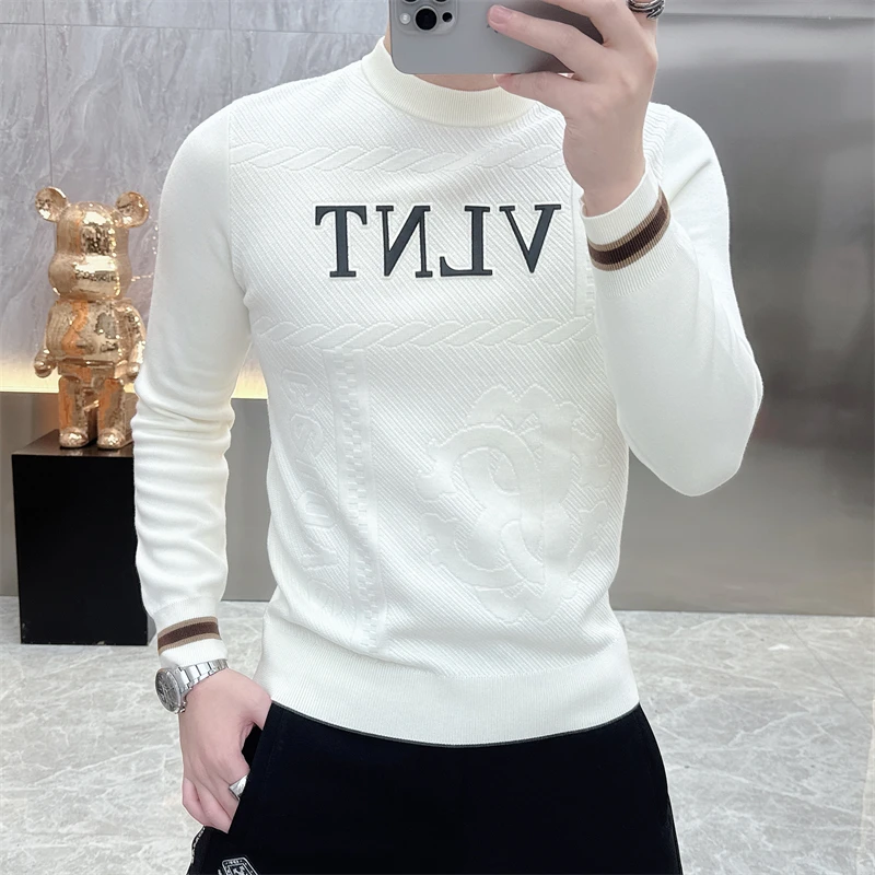 2024秋冬新款高档百搭字母提花长袖针织衫圆领套头毛衣男打底衫