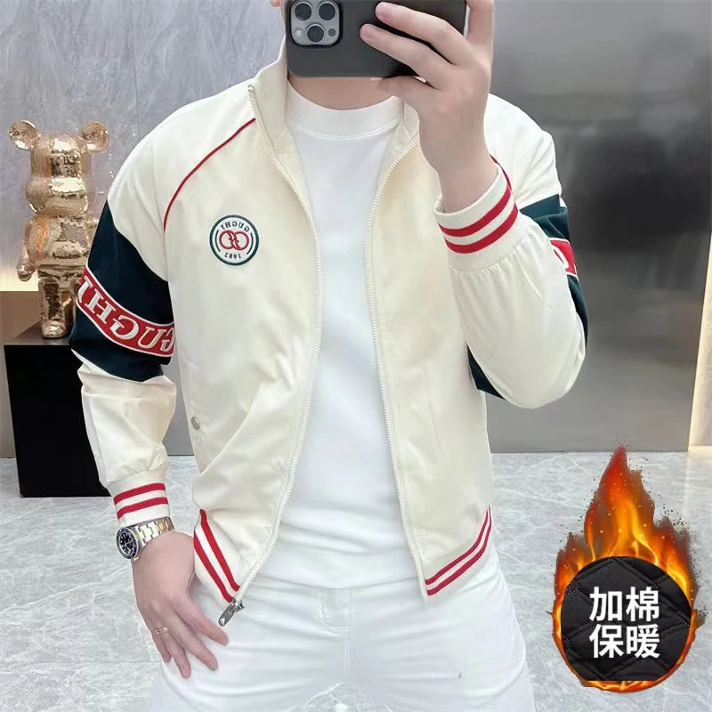 2025秋冬新款欧货时尚徽章刺绣立领夹克修身帅气短款网红外套男潮