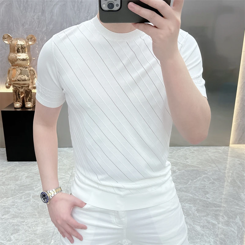 2024夏季男士t潮流时尚帅气修身简约纯色圆领冰丝短袖T恤男针织t