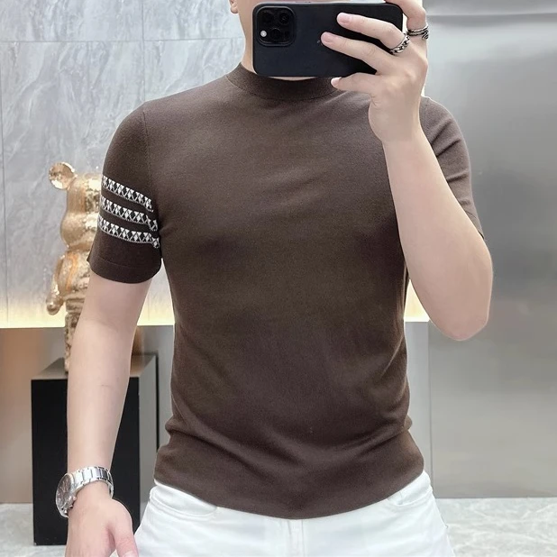 2024早秋季新款修身弹力短袖羊毛衫青年百搭圆领半袖针织衫男士毛