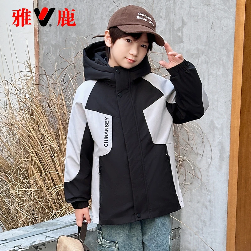 雅鹿痞帅儿童冲锋衣三合一羽绒服男童女童中大童2025新款冬季外套