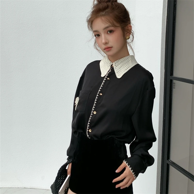 Mto Quinn ｜黑色缎面异形扣编制长袖衬衫 s-m-799